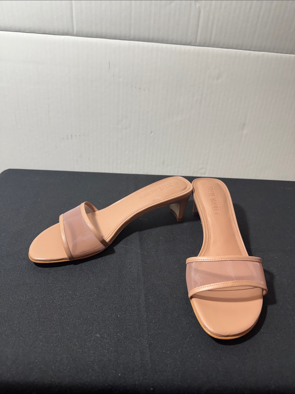 Steve Madden Nude/Tan Sheer Strap Kitten Heel Mules